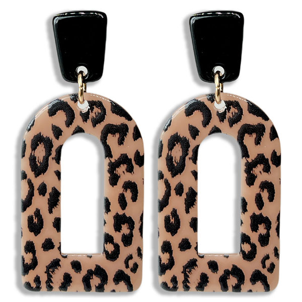 Stylish Pink & Black Leopard Arch Gold Accented Acrylic Stud Dangle Earrings