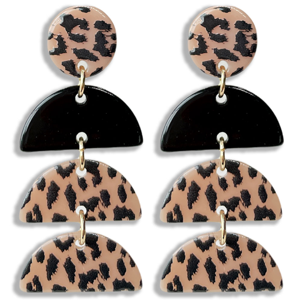 Stylish Pink & Black Leopard Half Moon Stacked Gold Accented Acrylic Stud Dangle Earrings