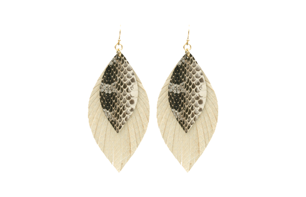 Fashion Ivory & Brown Snake Print Faux Leather Leaf Gold Toned Earrings