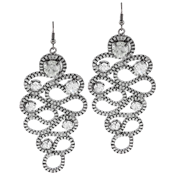 Trendy Fashionable Wavy Round Sparkling Clear Crystals Silver Toned Drop Earrings
