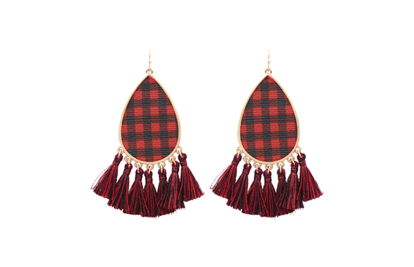 Fashion Red & Black Checkered Teardrop Tassel Gold Toned Earrings
