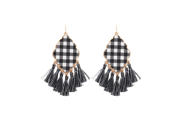 Fashion Black & White Checkered Tassel Gold Toned Earrings