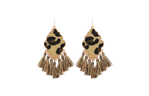 Fashion Beige, Black & Brown Leopard Tassel Gold Toned Earrings