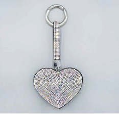 Iridescent Crystals Black Stitched Heart Soft Plush Silver Toned Key Ring