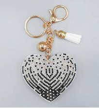 Jet & Diamond Crystals White Stitched Heart Soft Plush Gold Toned Keychain