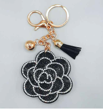 Jet & Diamond Crystals Black Stitched Flower Soft Plush Gold Toned Keychain