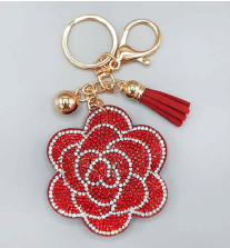 Siam Red & Diamond Crystals Red Stitched Flower Soft Plush Gold Toned Keychain