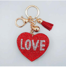 Siam Red & Diamond Crystals Red Stitched Heart Soft Plush Gold Toned Keychain