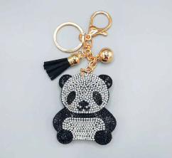 Jet & Diamond Crystals Black Stitched Panda Bear Soft Plush Gold Toned Keychain