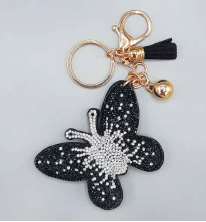 Jet & Diamond Crystals Black Stitched Butterfly Soft Plush Gold Toned Keychain