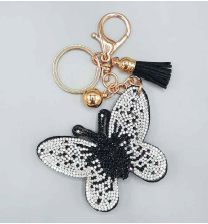 Diamond & Jet Crystals Black Stitched Butterfly Soft Plush Gold Toned Keychain