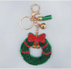 Christmas Inspired Emerald, Siam & Citrizine Crystal Green Stitched Wreath Soft Plush Gold Toned Keychain