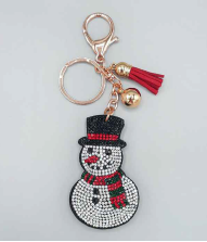 Christmas Inspired Emerald, Siam, Jet & Diamond Crystal Black Stitched Snowman Soft Plush Gold Toned Keychain