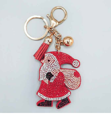 Christmas Inspired Siam, Jet & Diamond Crystal Red Stitched Santa Claus Soft Plush Gold Toned Keychain