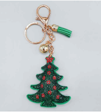 Christmas Inspired Emerald & Siam Crystal Green Stitched Christmas Tree Soft Plush Gold Toned Keychain