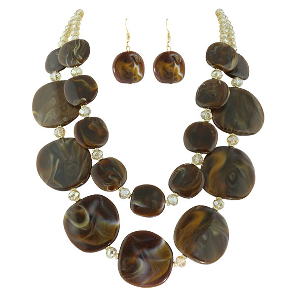 Brown Swirl Mix Oval Glass Yellow Beaded Necklace Set