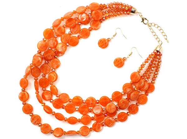 Bright & Classy Black Crystal Beads & OrangeTranslucent Oval Flat Back Stones Gold Necklace Set