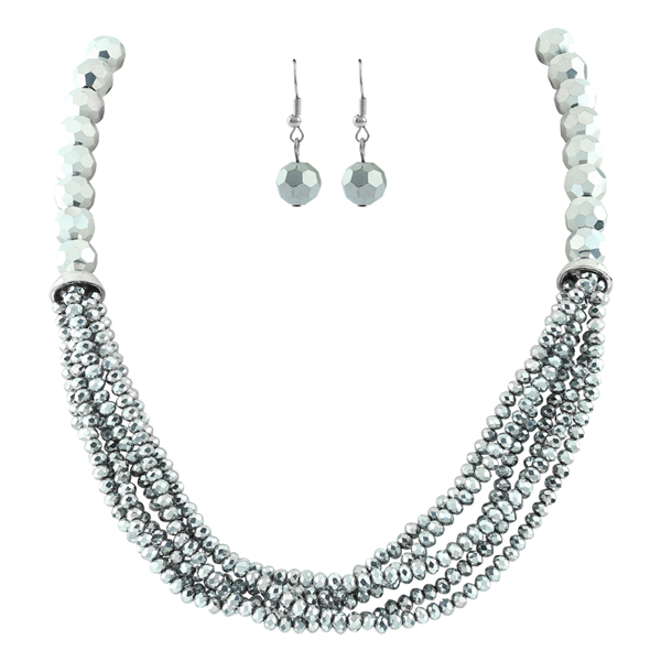 Simple, Chic & Stylish Rhodium Crystal Beaded Layered Silver Necklace Set