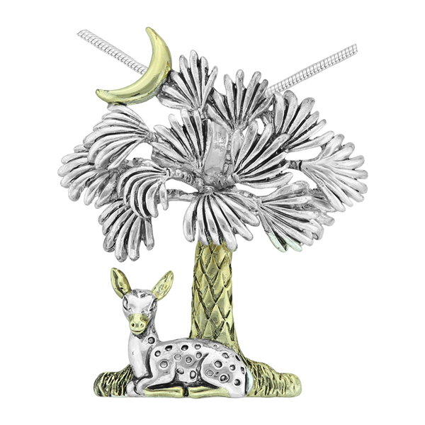 Seasonal Two-Tone Crouched Baby Deer, Moon & Palm Tree Fashion Pin Brooch Pendant Charm