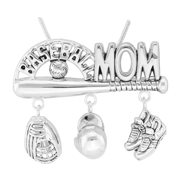 Stylish Rounded Text Baseball Mom Charm Silver Pendant Brooch Accessory