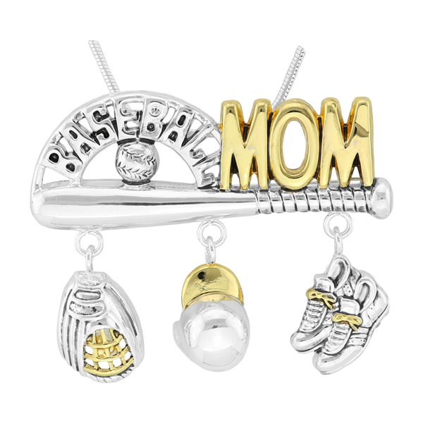 Stylish Rounded Text Baseball Mom Charm Two-Tone Pendant Brooch Accessory