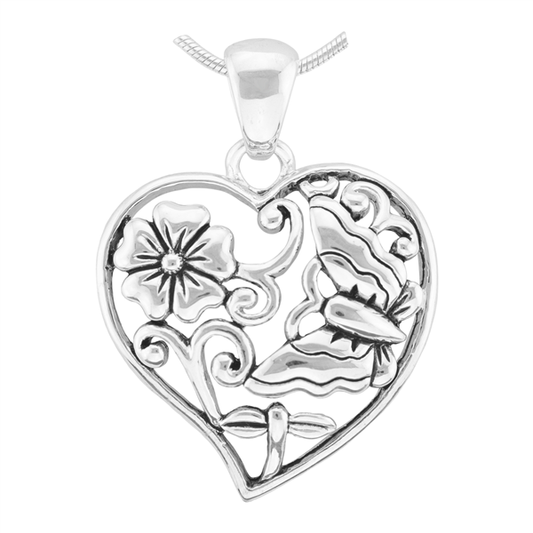 Lively Nature Silver Flower & Butterfly Heart Pendant Charm