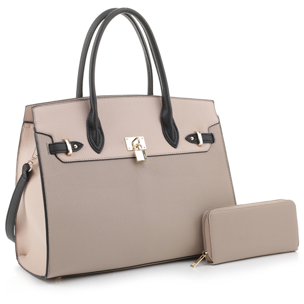 Classy Khaki/Beige Two-Tone Faux Leather Fashion Satchel Handbag Set