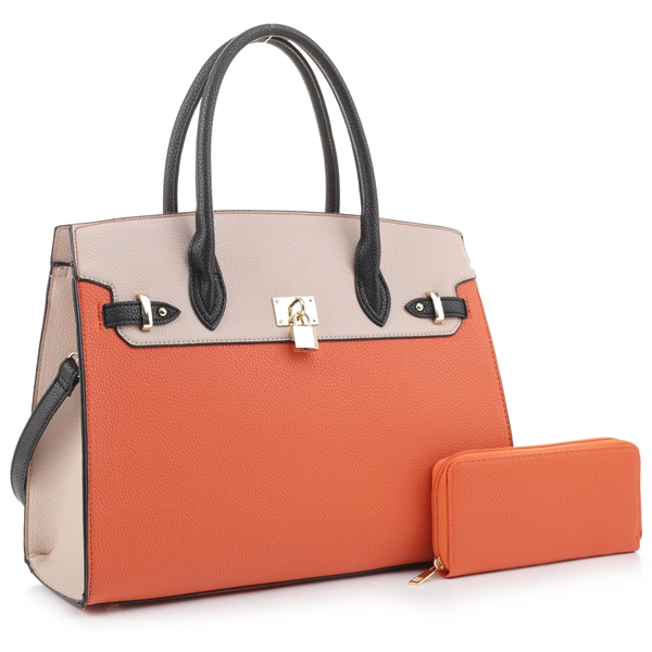 Classy Orange/Beige Two-Tone Faux Leather Fashion Satchel Handbag Set