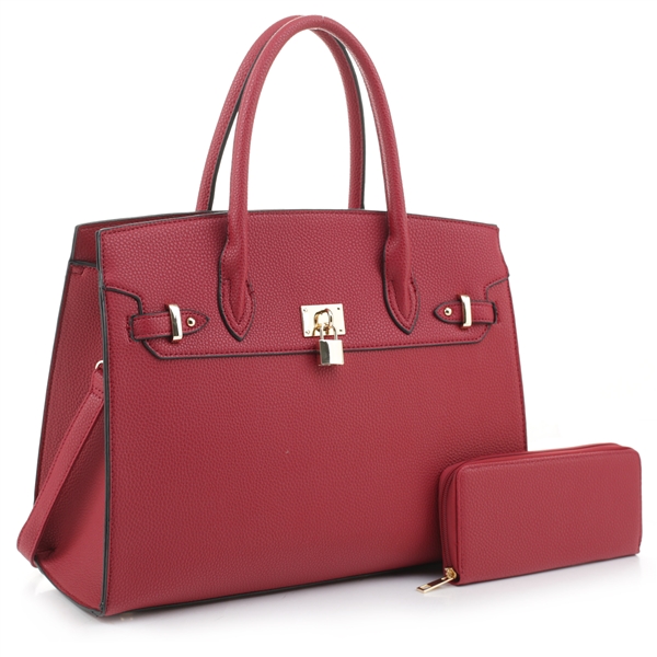 Classy Deep Red Faux Leather Fashion Satchel Handbag Set