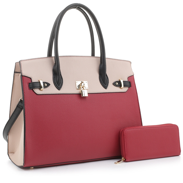 Classy Deep Red/Beige Two-Tone Faux Leather Fashion Satchel Handbag Set