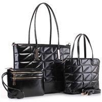 Trendy & Stylish Puffy Black Faux Leather Tote Handbag Set