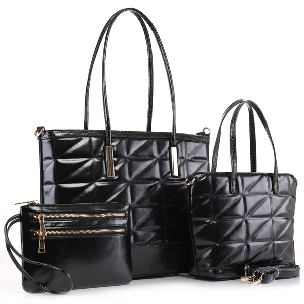 Trendy & Stylish Puffy Black Faux Leather Tote Handbag Set