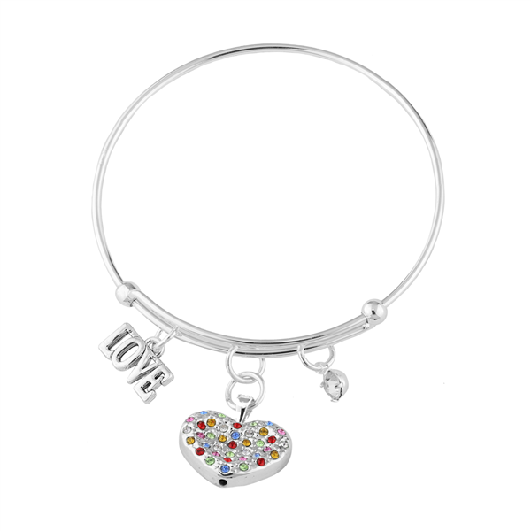 Colorful Crystal Heart & Love Charm Bangle Bracelet