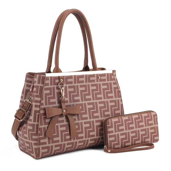 Light Brown & Brown Repetitive Print Design Satchel Set