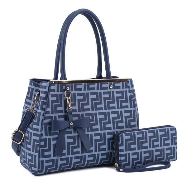 Light Blue & Navy Blue Repetitive Print Design Satchel Set