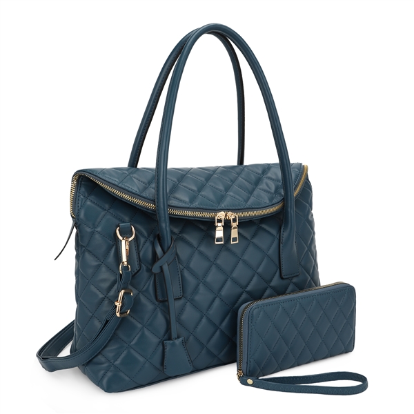 Fashion Blue Faux Leather Satchel Handbag Set