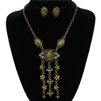 FERN GREEN AND TOPAZ CRYSTAL FLOWER DROP NECKLACE SET