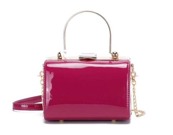 Stylish Fuchsia Pink Patent Leather Diamond Rectangle Crystal Stone Pop Satchel