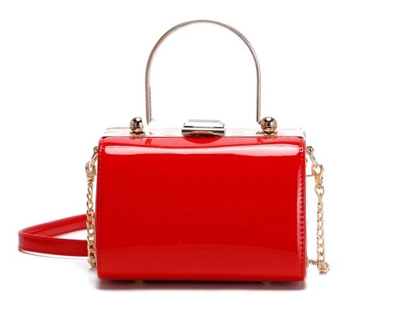 Stylish Firetruck Red Patent Leather Diamond Rectangle Crystal Stone Pop Satchel