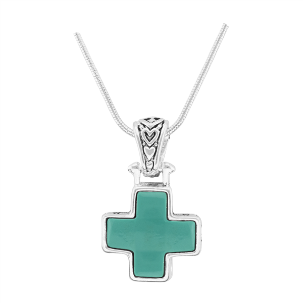 Stylish Reversible Small Cross Silver & Turquoise Pendant Charm Necklace