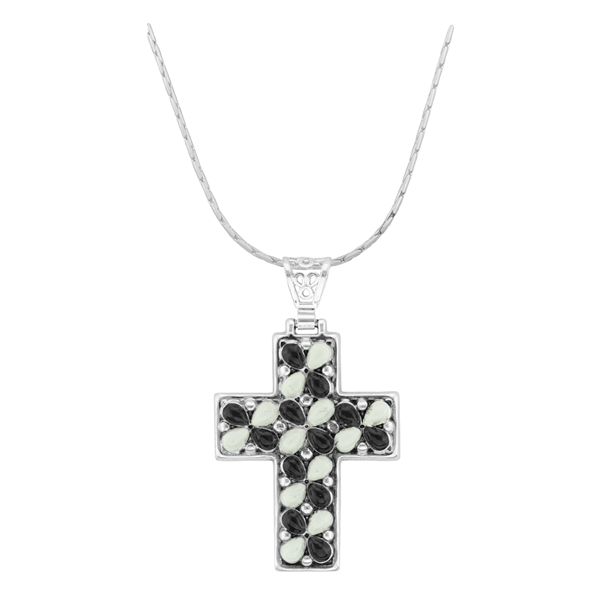 Hopeful & Simple Silver, Black & White Oval Stone Cross Pendant Charm Necklace