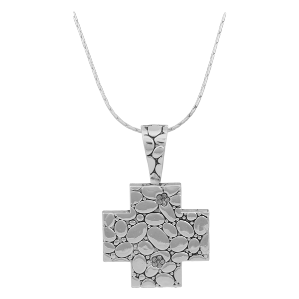 Stylish Spiritual Wide Silver Flower Cross Pendant Necklace