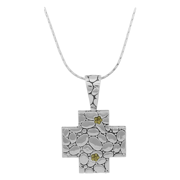 Stylish Spiritual Wide Two-Tone Flower Cross Pendant Necklace