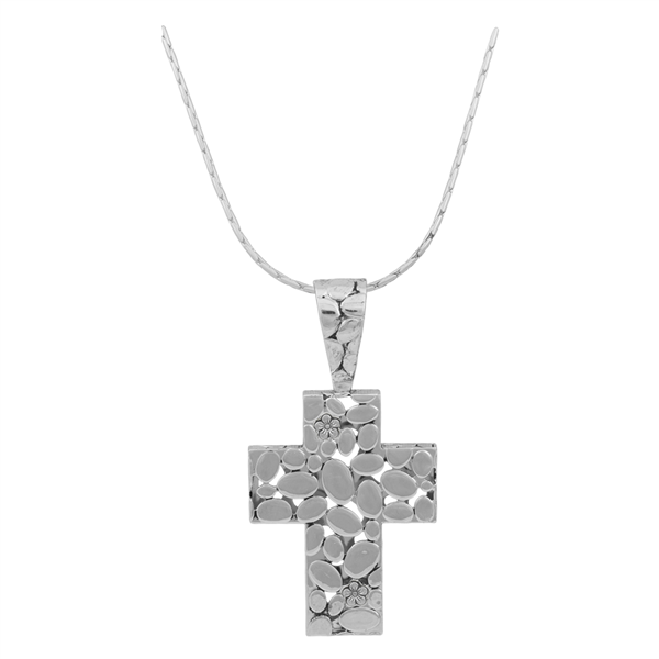 Stylish Spiritual Tall Silver Flower Cross Pendant Necklace