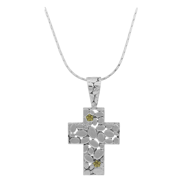 Stylish Spiritual Tall Two-Tone Flower Cross Pendant Necklace