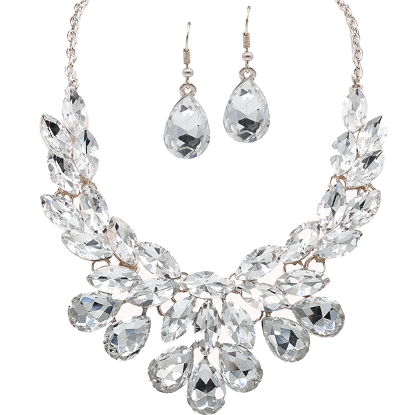 Gorgeous Sparkling Diamond Stones Silver-Toned Cable Chain Lobster Clasp Necklace Set