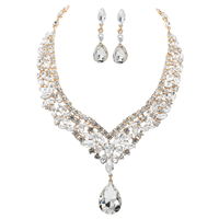 Gorgeous Sparkling Diamond Crystal & Stones Gold-Toned Crystal Cable Chain Lobster Clasp Necklace Set