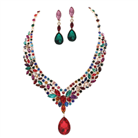 Gorgeous Sparkling Multi-Colored Crystal & Stones Gold-Toned Crystal Cable Chain Lobster Clasp Necklace Set