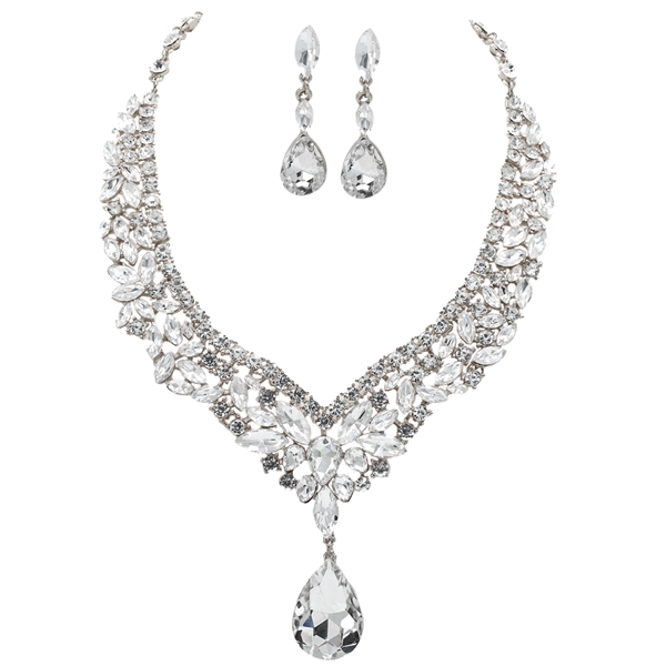 Gorgeous Sparkling Diamond Crystal & Stones Silver-Toned Crystal Cable Chain Lobster Clasp Necklace Set