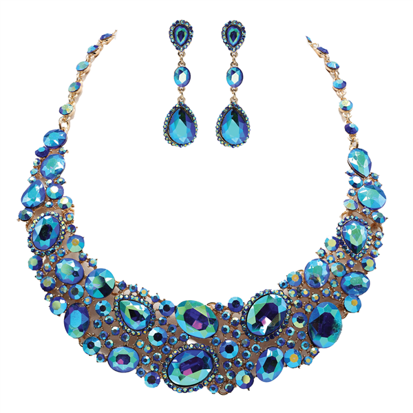 Gorgeous Sparkling Blue Iridescent Crystal & Stones Gold-Toned Crystal Cable Chain Lobster Clasp Necklace Set